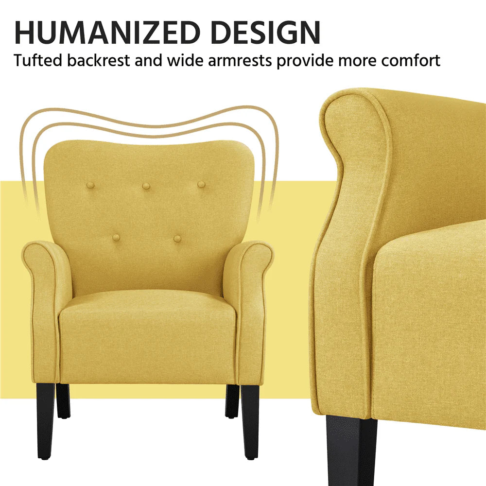 SMILE MART Mid-century Upholstered Fabric Accent Armchair for Living Room with Wooden Leg, Yellow
