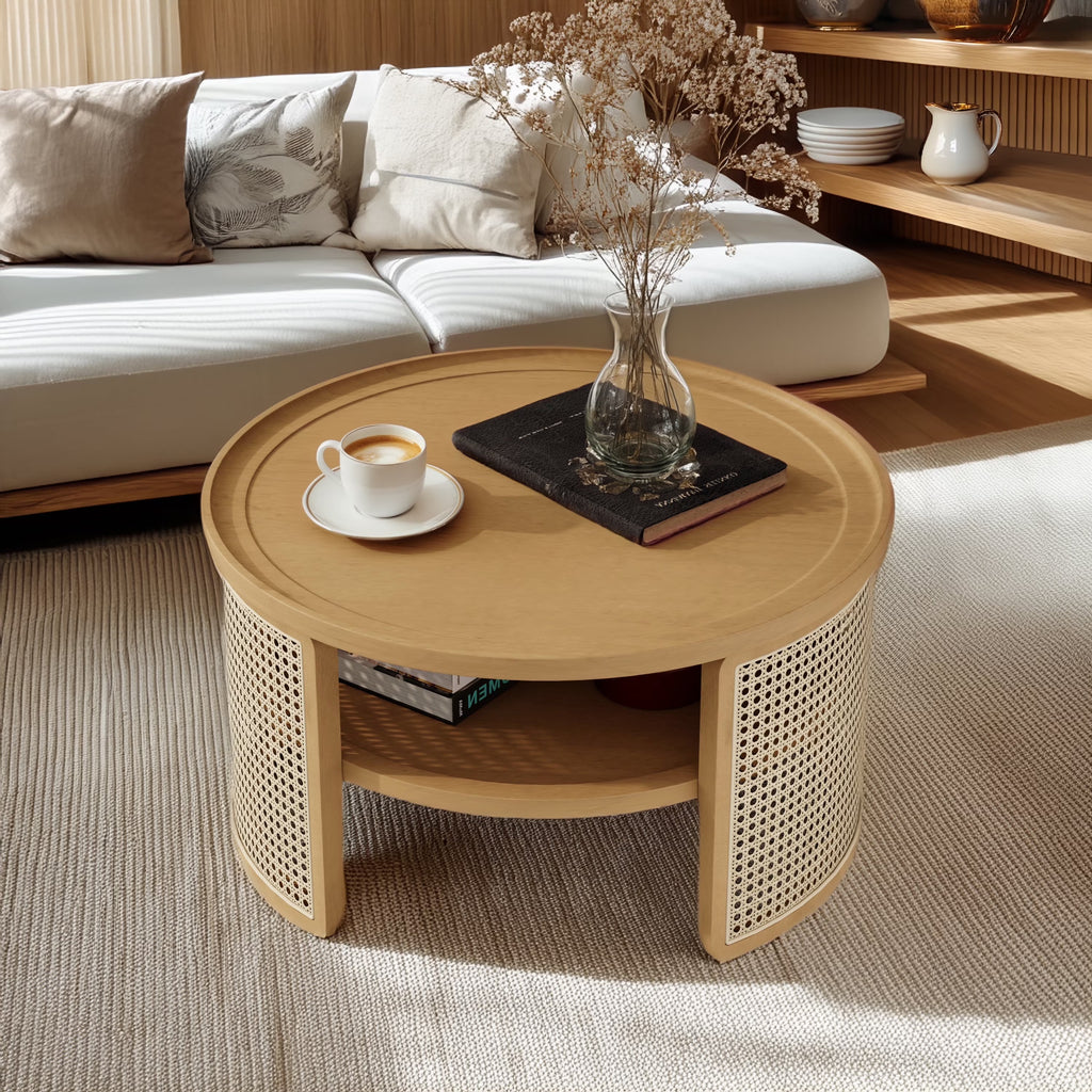 Harper & Bright Designs Rattan Round Coffee Table with Storage Shelf, Round Cane Wood Center Table for Living Room, 37'' Brown