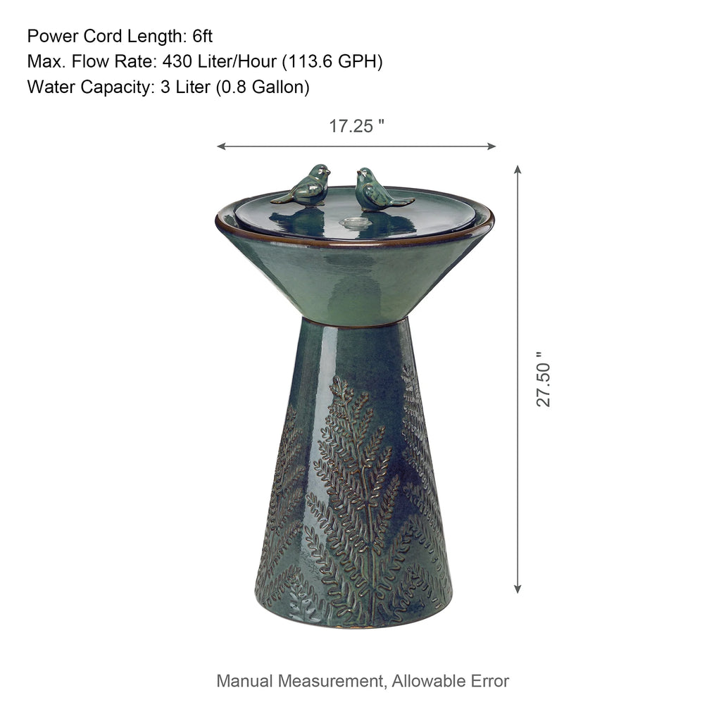 Glitzhome 27.5" Fountain with Pump and LED Light Embossed Pedestal Ceramic Bird Bath, Turquoise