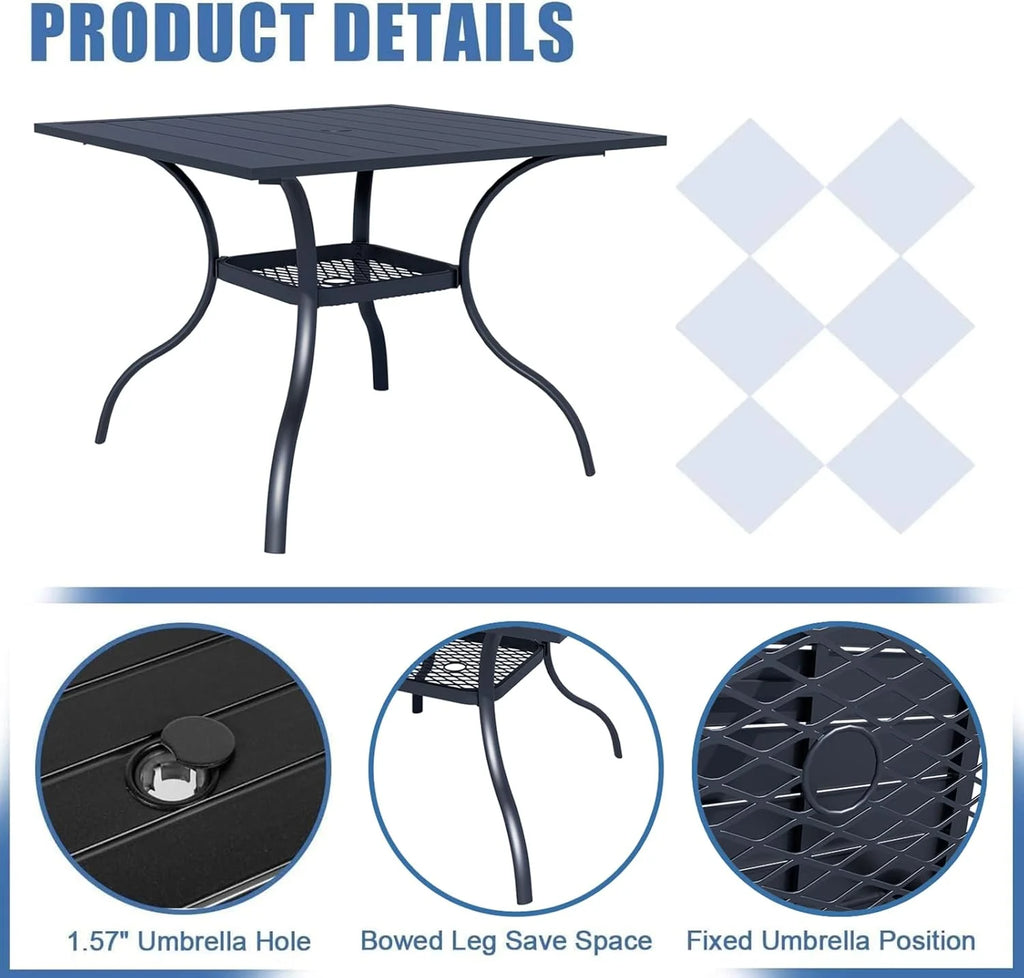 SUNCROWN 5-Piece Outdoor Wrought Iron Chairs and Table Patio Dining Furniture Set - 4 Stackable Metal Chairs, 1 Steel Slat Bistro Table and 1 Sky Blue 9Ft Patio Umbrella for Garden Backyard Deck