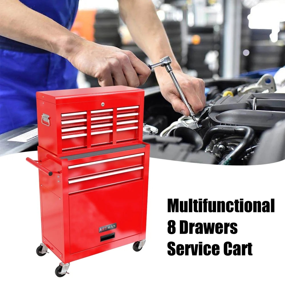 8-Drawer Rolling Tool Chest with Wheels, Removable Tool Box with Locking System, Tool Box Organizer with Hooks, Large Capacity Garage Storage Cabinet for Warehouse, Garage, Repair Shop, Orange