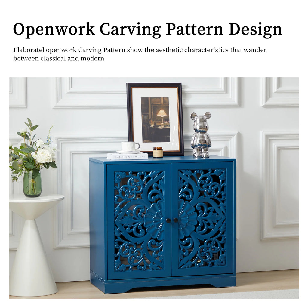 Accent Cabinet with Hollow Carved Door for Entryway Hallway, Blue Sideboard Buffet Cabinet, Storage Cabinet for Living Room