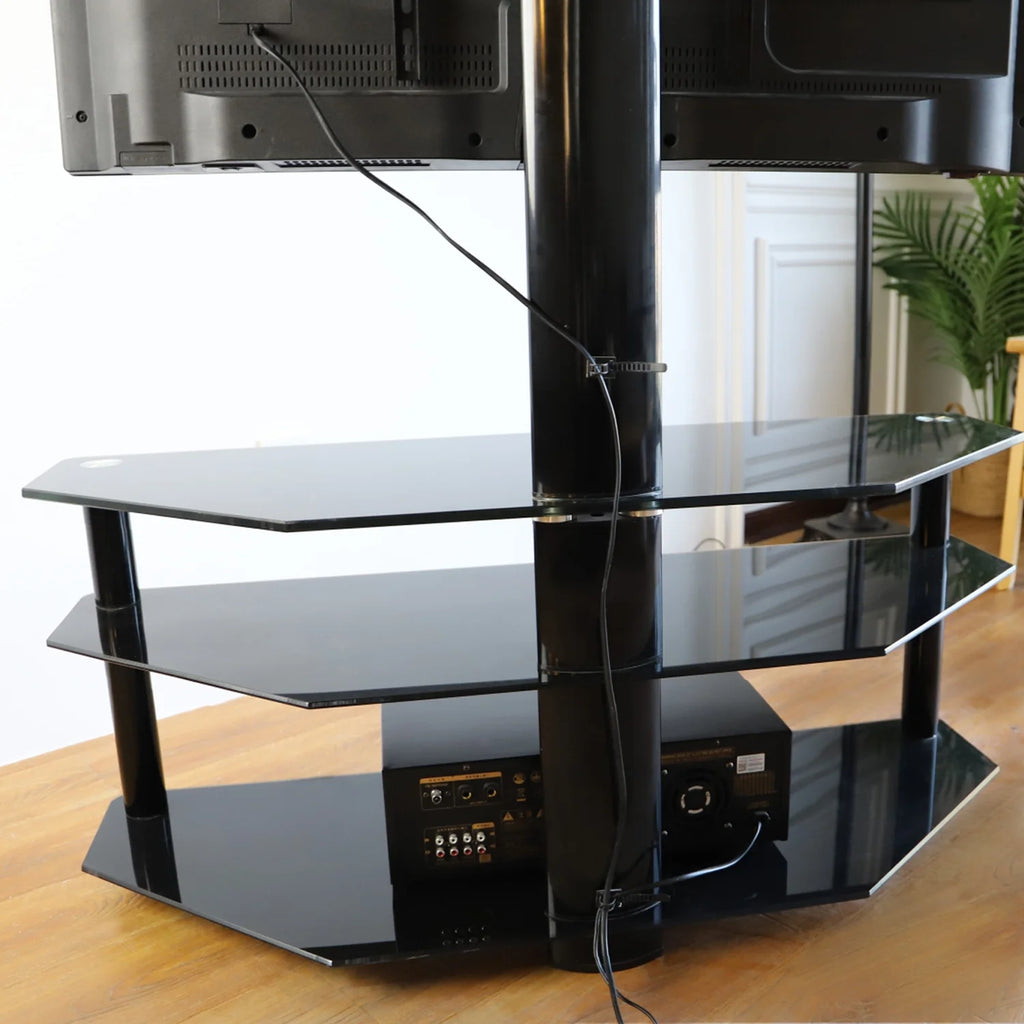 RTVR Modern 3-in-1 Flat Panel TV Stand for TVs up to 75 inch, Black Glass Shelves Table with Swivel Mount