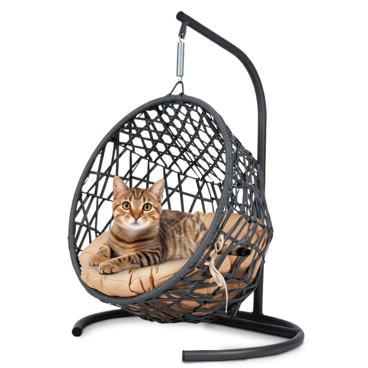 Cat Swing Bed with Stand & Cushion, Cat Egg Chair with Rattan Wicker Appearance, Indoor Hanging Swinging Cat Bed