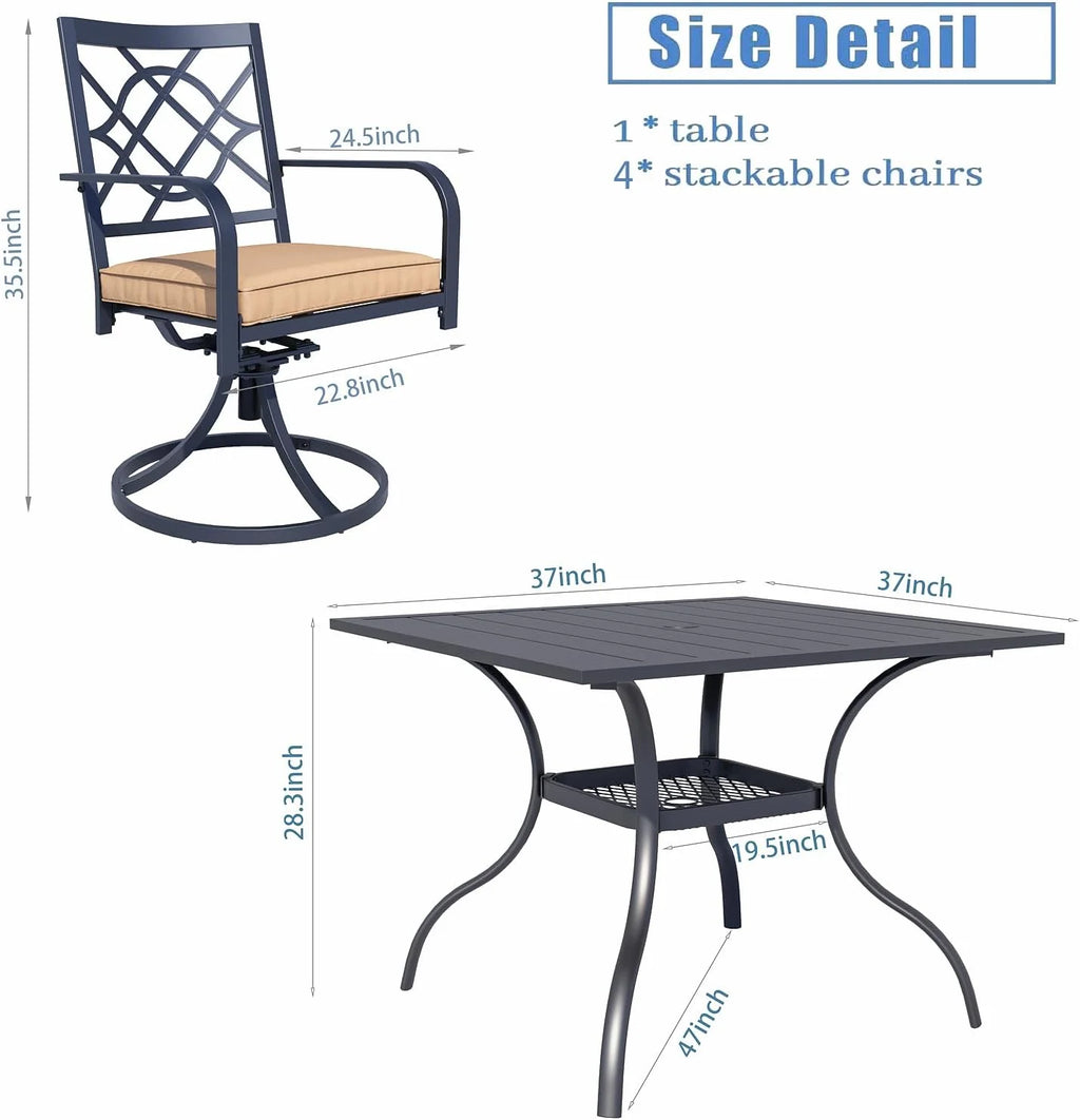 SUNCROWN 5-Piece Outdoor Wrought Iron Chairs and Table Patio Dining Furniture Set - 4 Stackable Metal Chairs, 1 Steel Slat Bistro Table and 1 Sky Blue 9Ft Patio Umbrella for Garden Backyard Deck