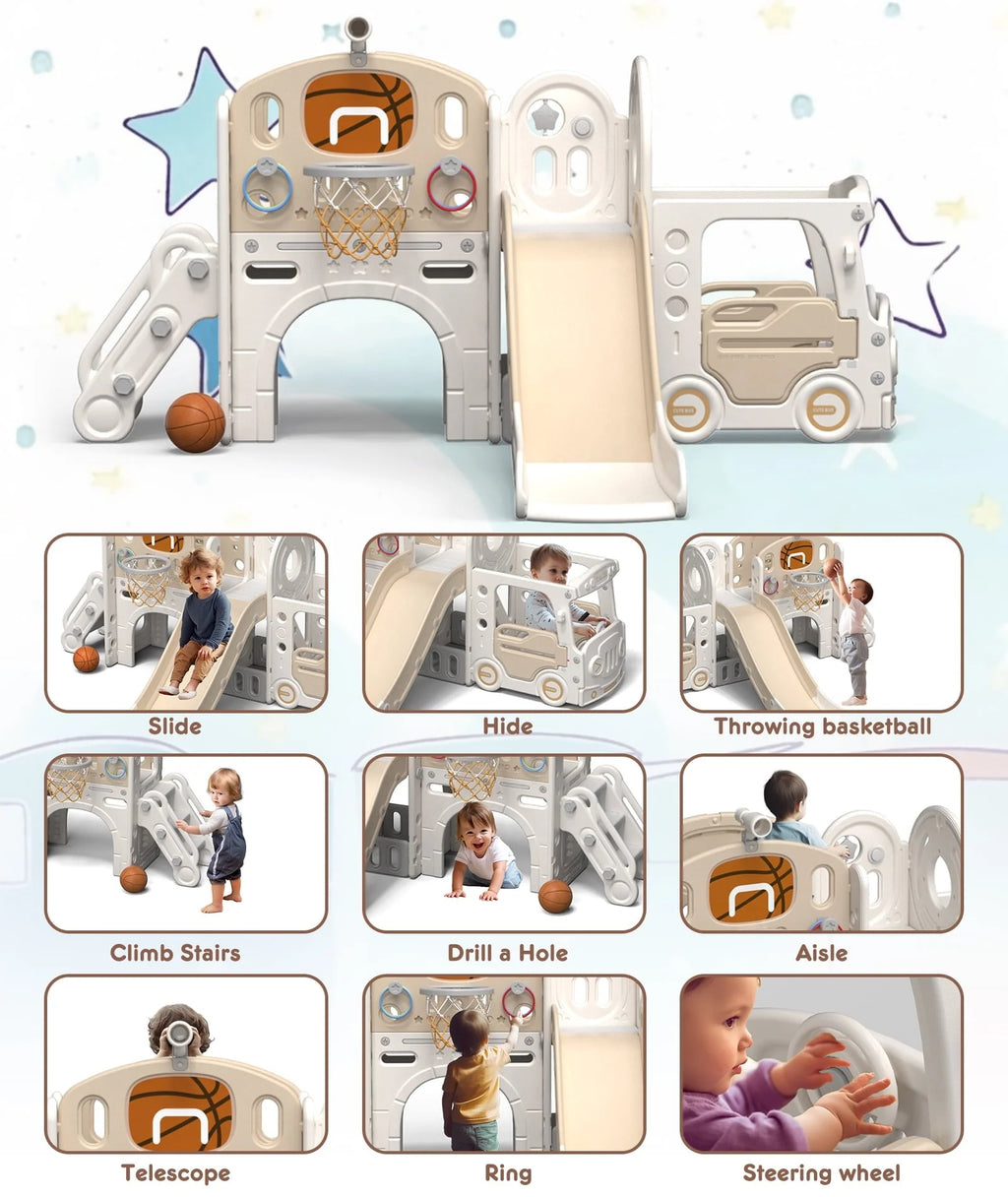 XJD 10 in 1 Toddler Slide, Kids Slide for Toddlers Age 1-3, Toddler Play Climber Slide Playset with Basketball Hoop and Ball, Toddlers Outdoor Indoor Playground(Beige+Coffee)