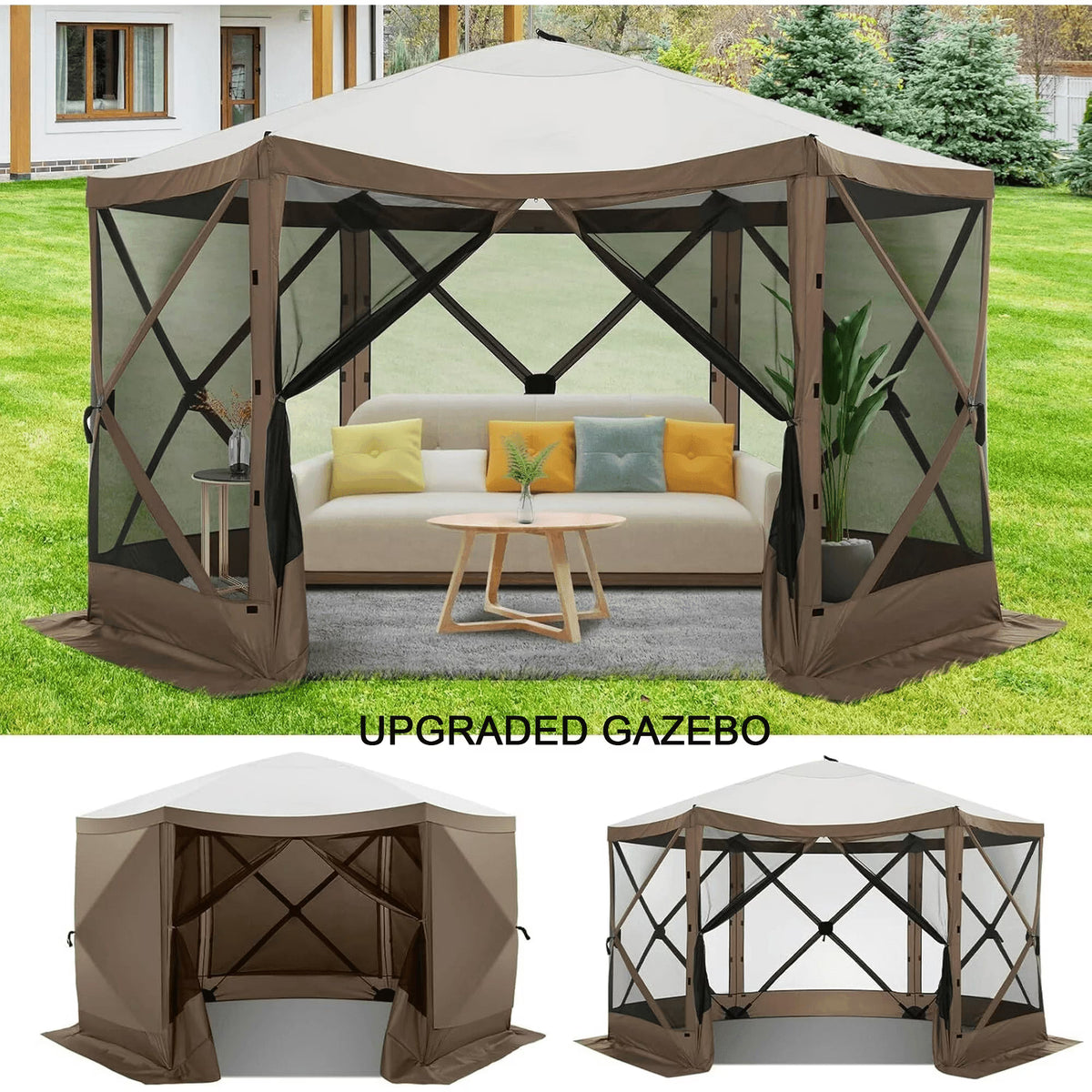 COBIZI 12x12 Pop Up Canopy Gazebo, Outdoor Canopy Tent Screen House with 5 sidewalls and Netting for Camping, Waterproof, UV Resistant, Ez Set-up Party Tent with Carrying Bag and Ground Stakes,Brown