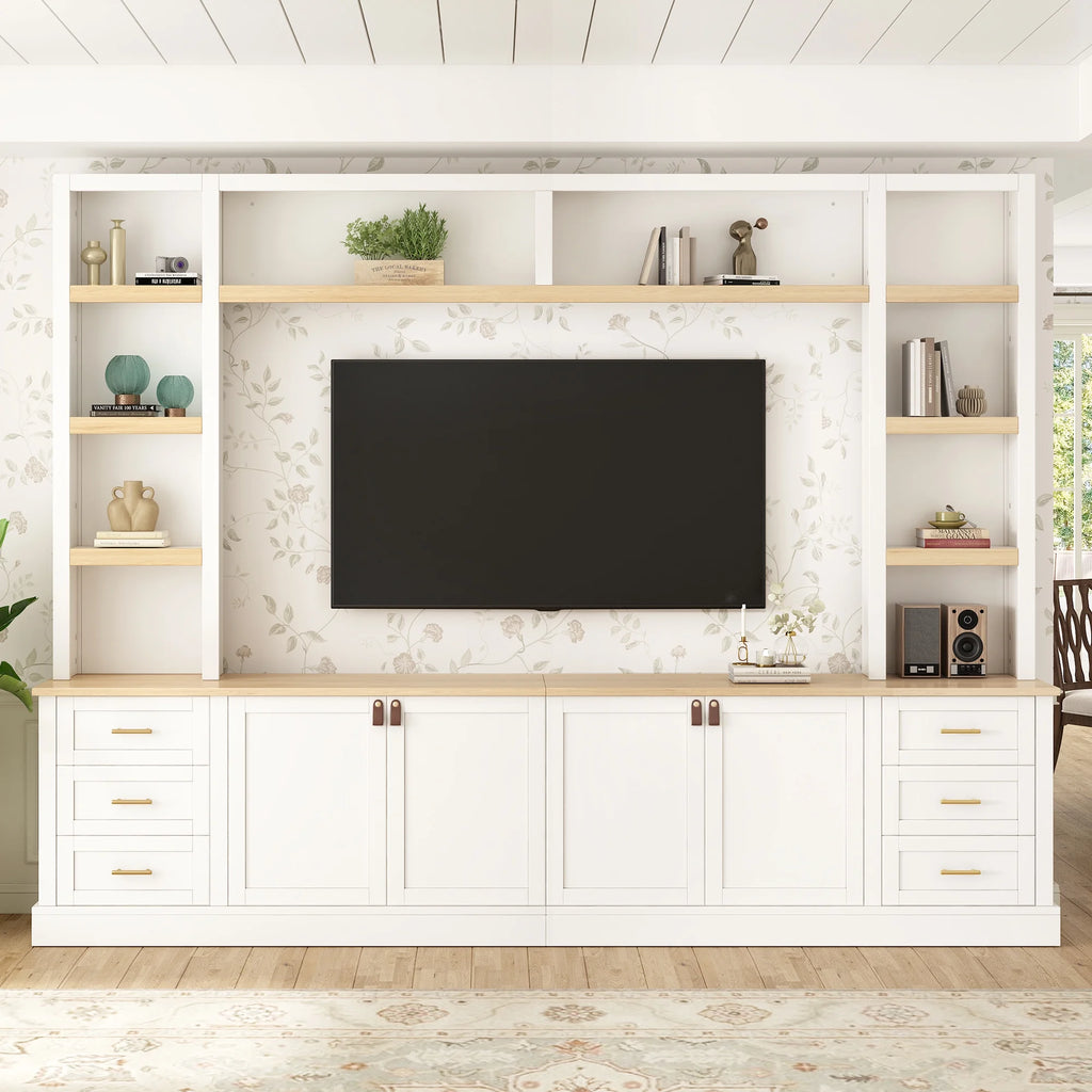 Euroco 102.3"W Farmhouse 4-Piece Entertainment Center Wall Unit with Adjustable Shelf, Modern Large TV Stand with Bookshelves