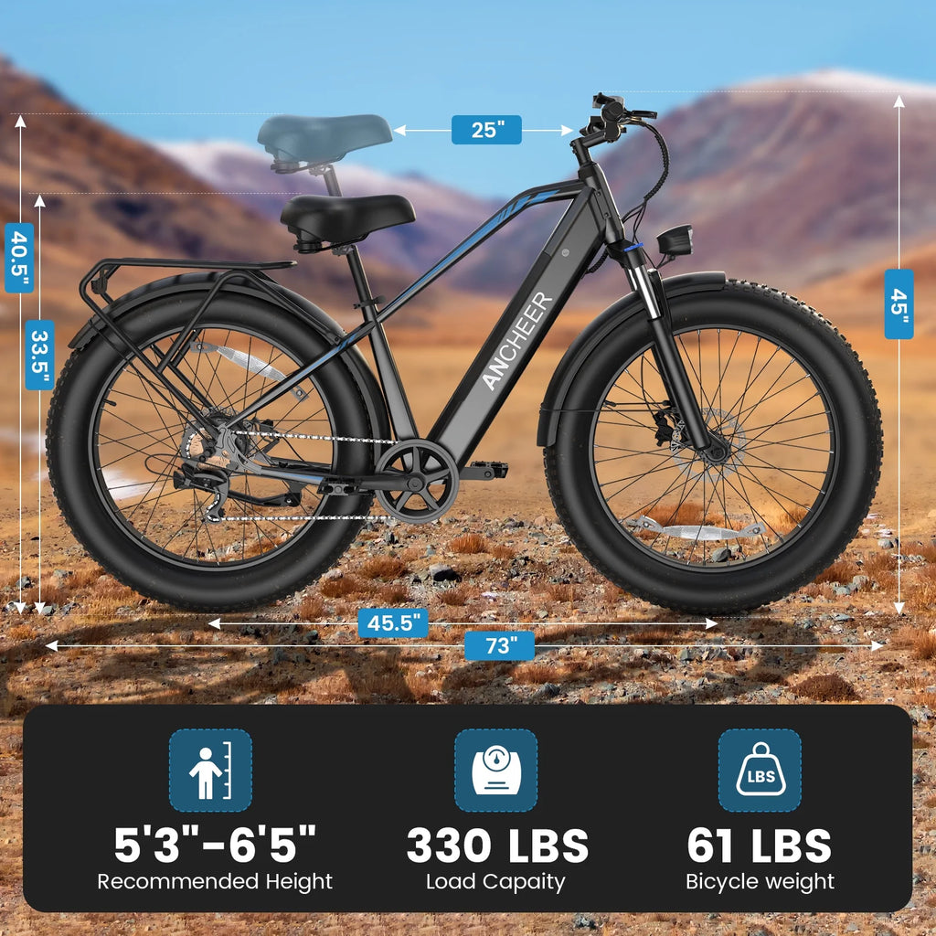 ANCHEER Electric Bike for Adults Peak 1000W Electric Bicycle 48V 15AH Battery Electric Bike 26" x 4.0" Fat Tire Mountain 28MPH 7 Speed Gears Electric Bike, Rear Rack,UL2849