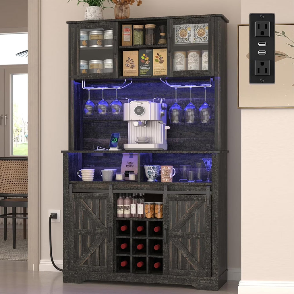 72" Farmhosue Coffee Bar Cabinet with Storage, Tall Kitchen Buffet with Hutch & Wine & Glasses Rack, Sliding Barn Door, Charging Station, RGB Lighting, 12 Storage Shelves, Sideboard Table