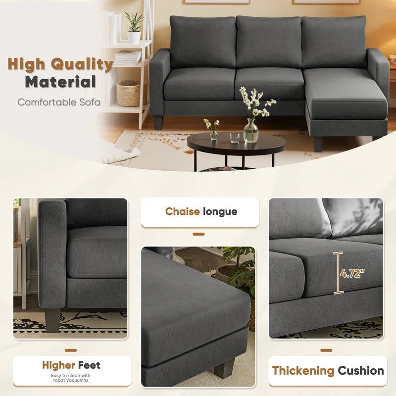 Homall Convertible Sectional Sofa Couch, Modern Linen Fabric L-Shaped Couch 3-Seat Sofa Sectional with Reversible Chaise for Small Living Room, Apartment and Small Space, Dark Gray