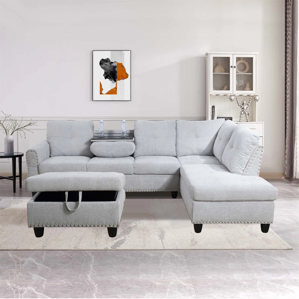 Aukfa 3 Piece Sectional Sofa, Living Room Couch with Storage Ottoman&Cup Holder, Linen, Right Hand, Purple