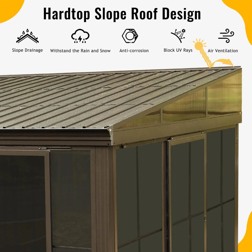 Domi Outdoor Living 10' x 12' Hardtop Lean-to Gazebo, Wall-Mounted with Galvanized Steel Roof Wall Pergola with Aluminum Frame, Curtains and Netting, for Patio, Deck, Garden, Backyard