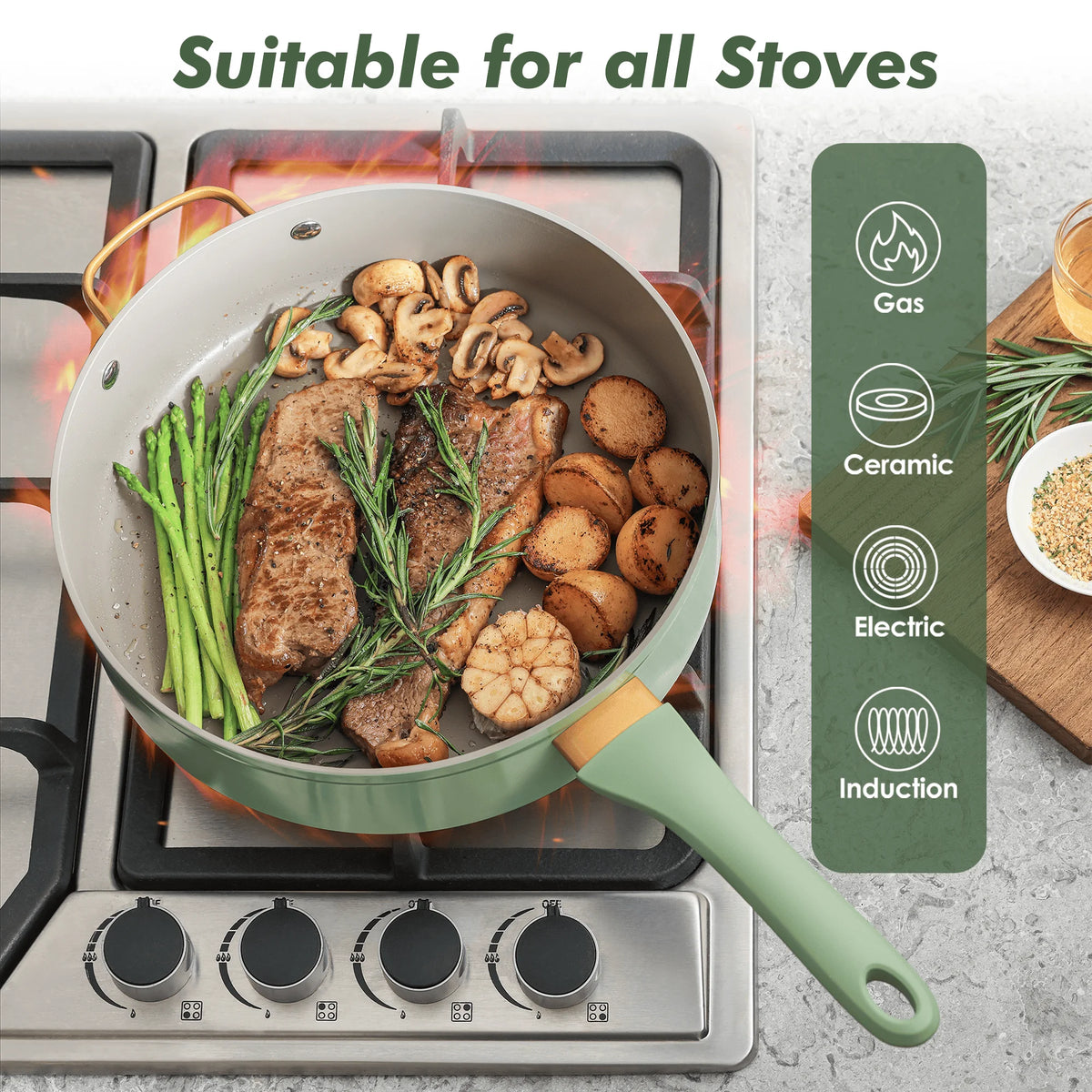SENSARTE Nonstick Pots and Pans Set, 18Pcs Non Stick Cookware Sets, Induction Kitchen Cookware Sets Green
