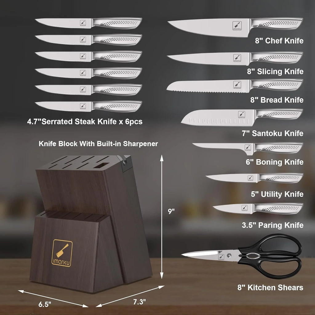 imarku Japanese HC Stainless Steel 15 Piece Kitchen Knife Set, Built in Sharpener, Sharp Knife Set with Point like Ergonomic Handle, Holiday Gift, Home Chef Knife, White