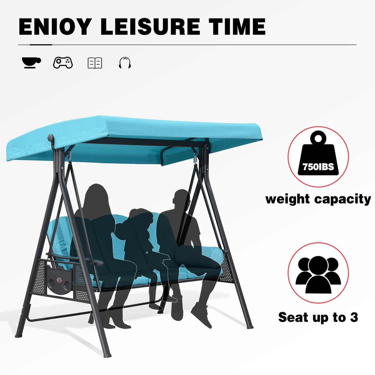 PURPLE LEAF 3-Seat Deluxe Outdoor Patio Porch Swing with Weather Resistant Steel Frame, Adjustable Tilt Canopy, Cushions and Pillow Included, Terra