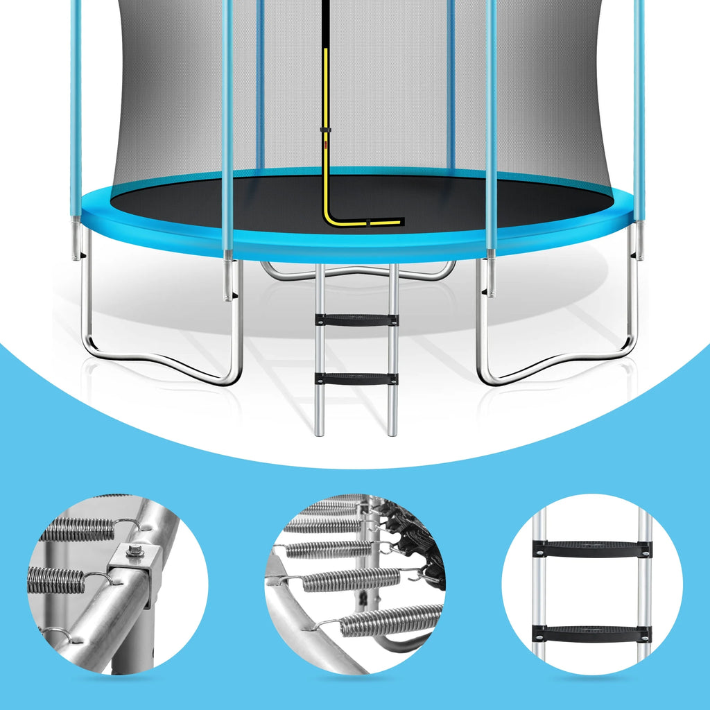 EUROCO  8FT Trampoline for Kids with Safety Enclosure Net, Basketball Hoop and Ladder, Easy Assembly Round Outdoor Recreational Trampoline