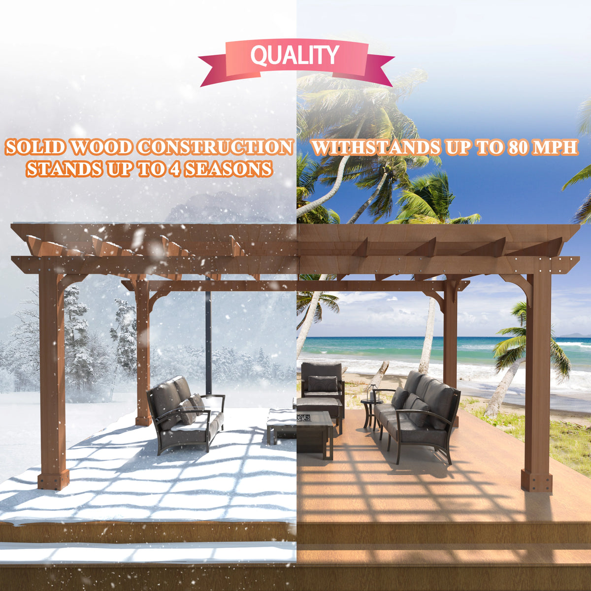 VEIKOUS 12'x10' Cedar Wood Pergola w/ Flat Roof and Ground Stakes for Outdoor Patio, Garden, Deck