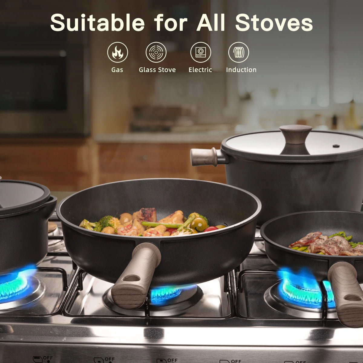 Astercook 18-Piece Pots and Pans Set, Nonstick Cookware Set with Elegant Wooden Handle, Oven Safe to 480F, Induction Compatible, Kitchen Cooking Set for RV Trips, Camping and Picnic, Black