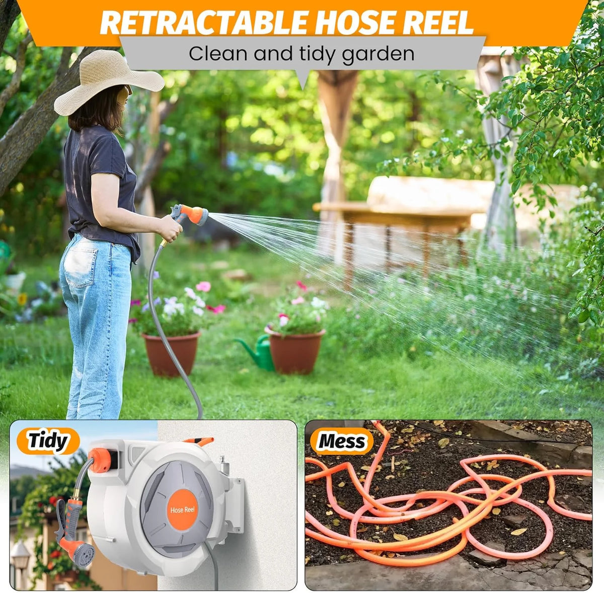 Auto-Retract Wall-Mounted Garden Hose Reel w/9-Pattern Nozzle, 180 Swivel & Any-Length Lock, 600PSI Durable