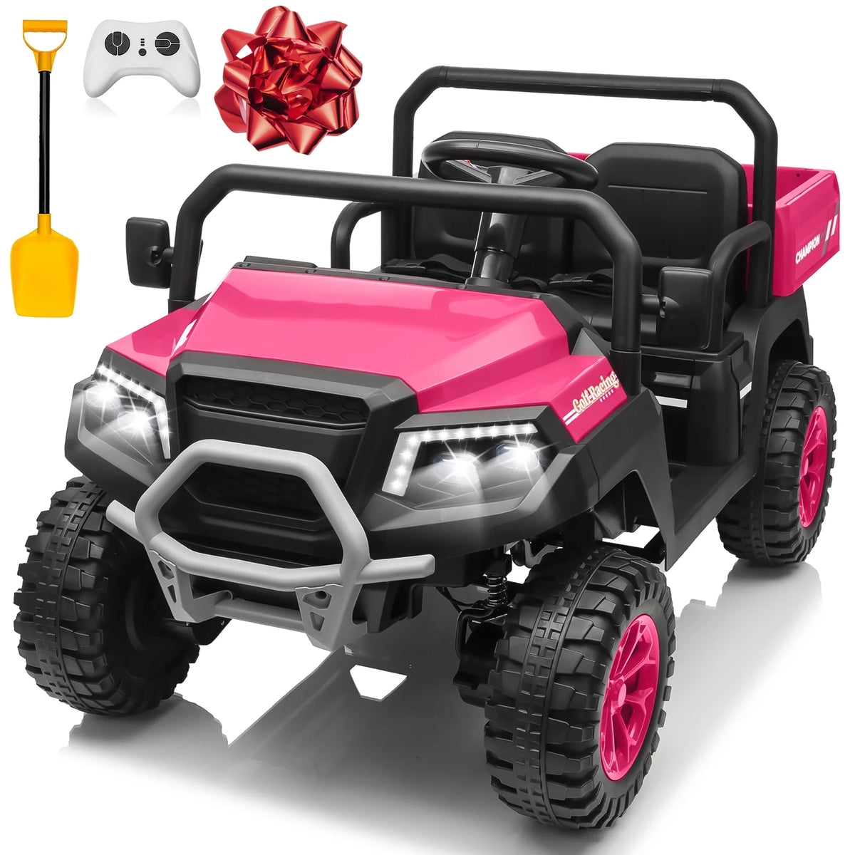 Joyracer 4WD 24 Volt Ride on Toys UTV with 2 Seater & Remote Control, Kids Electric Golf Cart w/ 4x200W Power Motors, Tiltable Trailer & Shovel, 4 Wheels Spring Suspension, Bluetooth USB Music, Black