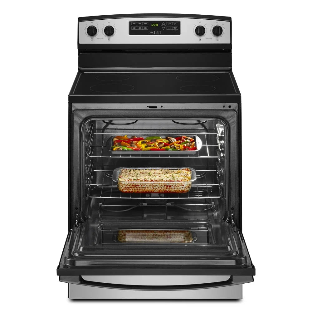 Amana? Brand New Model - AER6303MMS 30-inch Electric Range with 4.8 Cu ft oven. - assembled product Depth: 27.5 - assembled product height: 46.08 - assembled product Width: 30