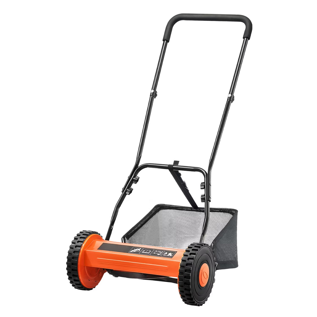 KFFKFF 16-Inch Manual Push Reel Lawn Mower, 5-Blade Design, Adjustable Cutting Height from 0.6 to 1.75 Inches, Walk-Behind Mower with Grass Collection Bag for Lawns, Driveways, and Courtyards