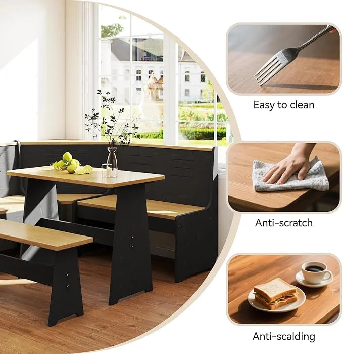 Breakfast Nook Kitchen Corner Dining Table Bench Chair Set, Space-Saving 3-4 Seat L-Shape Farmhouse Mid Century Modern Style for Family Home Black Wood