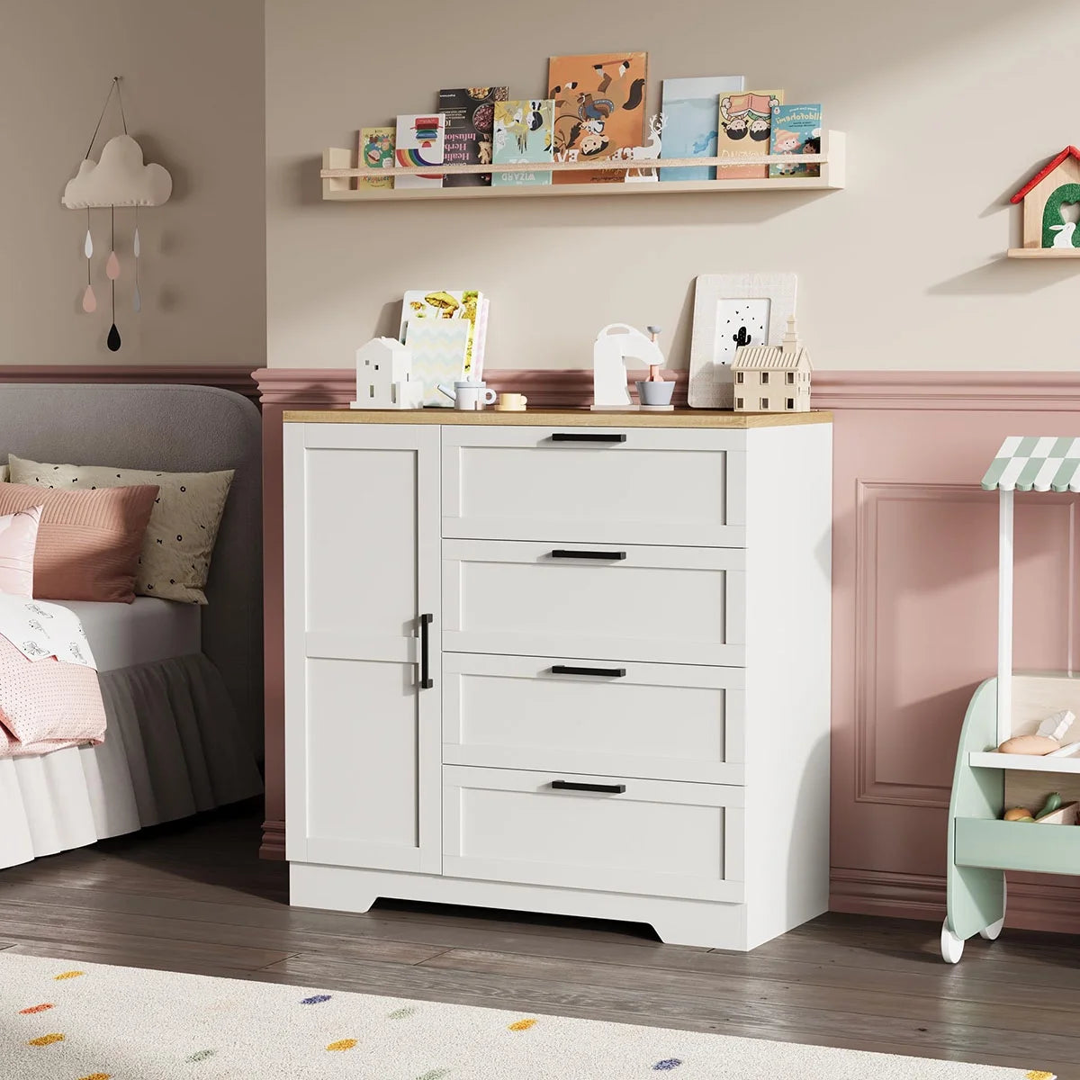 Ataucjin Wood Armoire Wardrobe Closet with 4 Drawers and Door, 43.3" H Bedroom Wardrobe Cabinet with Hanging Rod, Clothing Storage Cabinets, 4 Drawers Dresser with Storage Closet