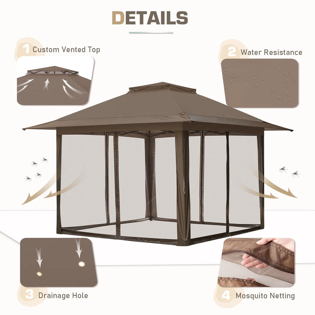 EAGLE PEAK 13' x 13' Pop-Up Gazebo Tent Instant w/Mosquito Netting，Outdoor Gazebo Canopy Easy Set-up Folding Shelter (Beige/Brown)