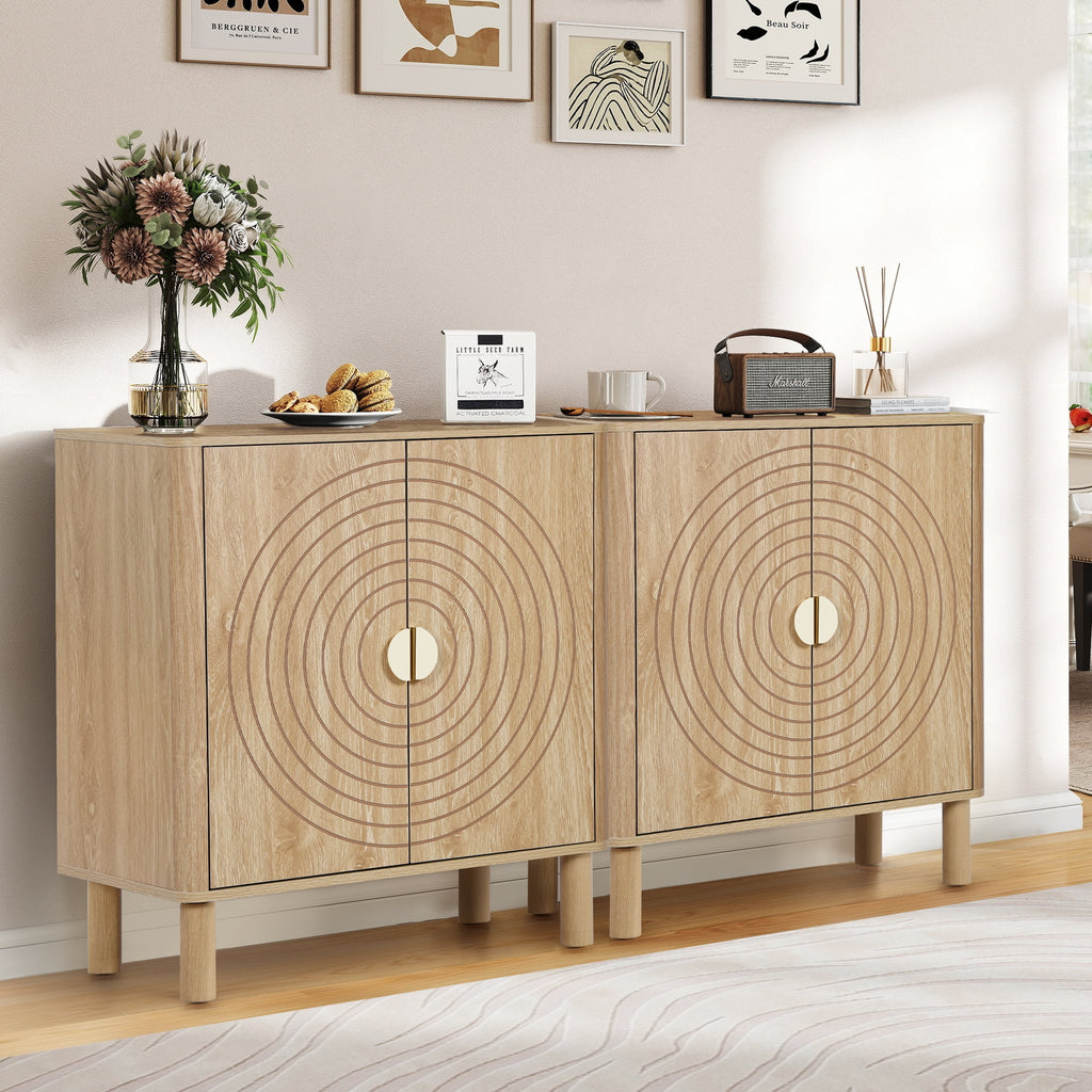 Accent Cabinet with Round Carved Line Door for Entryway Hallway, Walnut Sideboard Buffet Cabinet, Storage Cabinet with Adjustable Shelves for Living Room