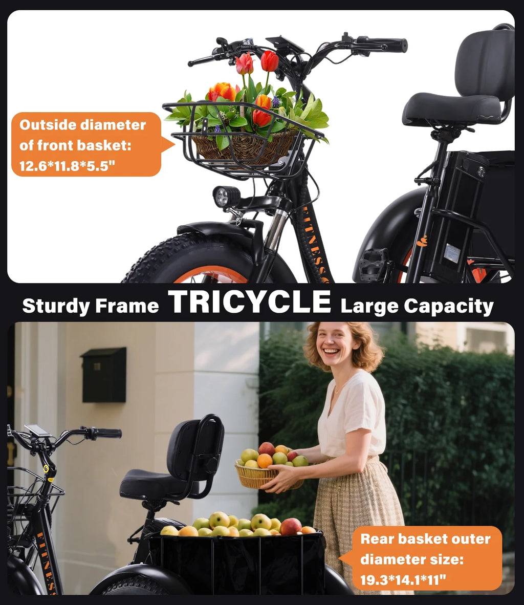 YEBEI Electric Tricycle for Adults Folding E-Trike Motorized Tricycle Electric 3 Wheels Trike Powerful 500W Motor Electric Tricycle 48V15AH Lithium Battery Max 20MPH 20*4.0 Fat Tire Orange
