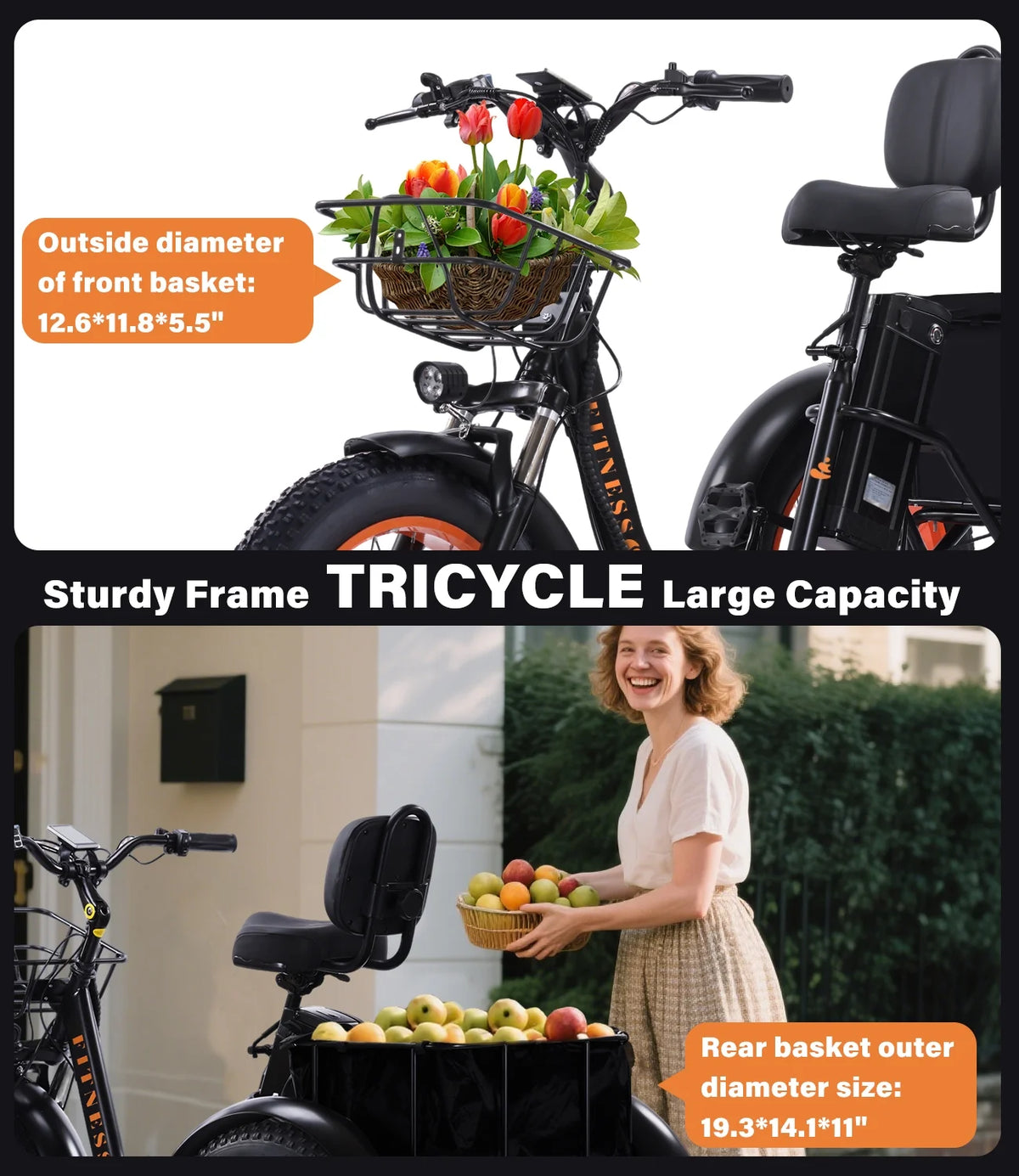 YEBEI Electric Tricycle for Adults Folding E-Trike Motorized Tricycle Electric 3 Wheels Trike Powerful 500W Motor Electric Tricycle 48V15AH Lithium Battery Max 20MPH 20*4.0 Fat Tire Orange