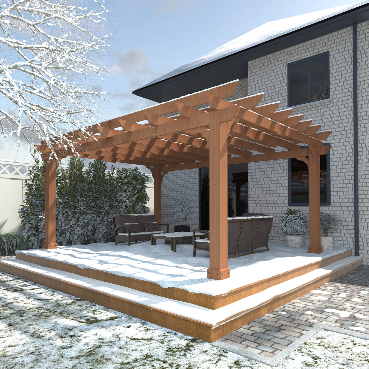 VEIKOUS 12'x10' Cedar Wood Pergola w/ Flat Roof and Ground Stakes for Outdoor Patio, Garden, Deck