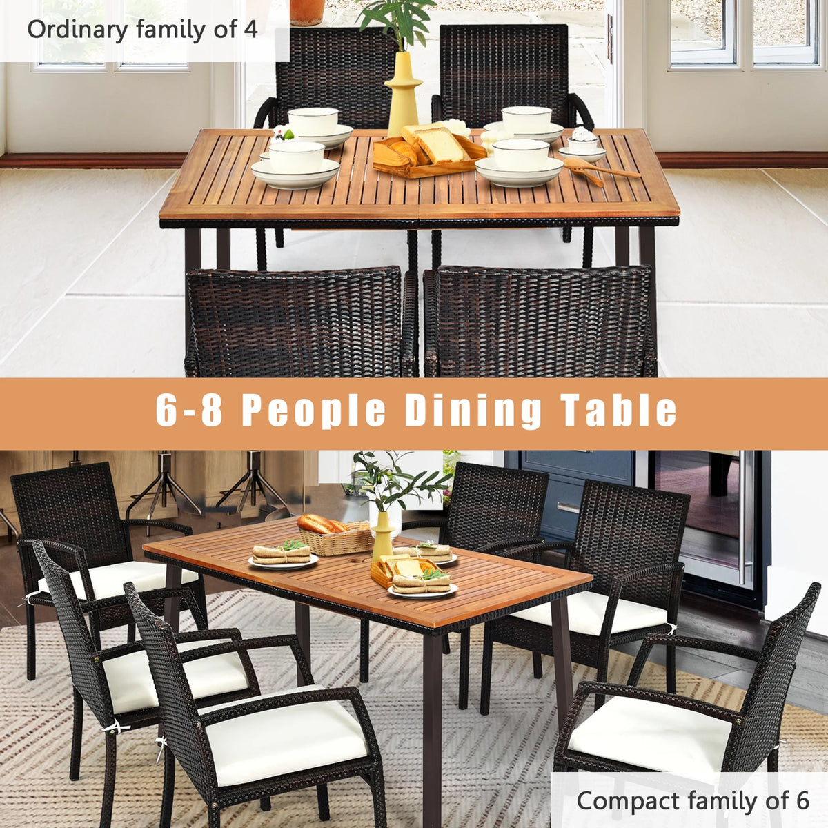 Gymax Rectangle Patio Outdoor Dining Table Acacia Wood Tabletop w/ 2'' Umbrella Hole