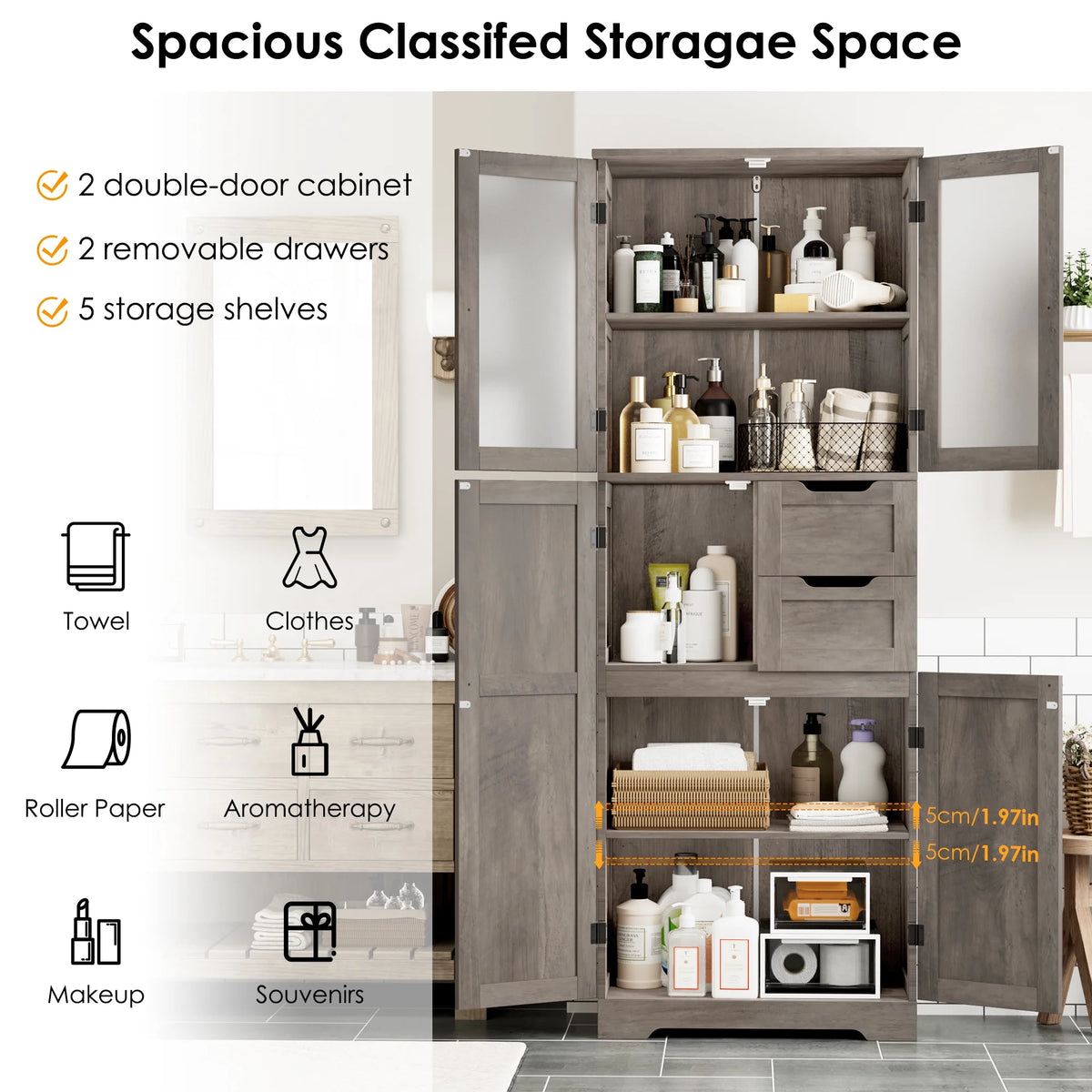 Homfa 67" Tall Bathroom Cabinet, White Linen Cabinet with Doors and Removable Drawers, Kitchen Cupboard