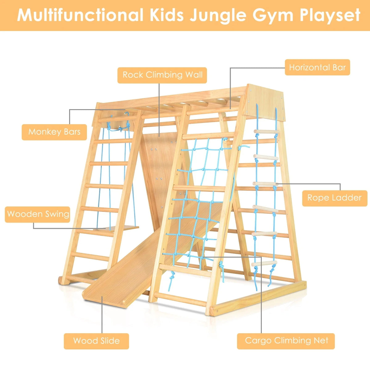 JOYMOR Indoor 7-in-1 Kids Climb Playset, Toddler Wooden Climber Gym Playground