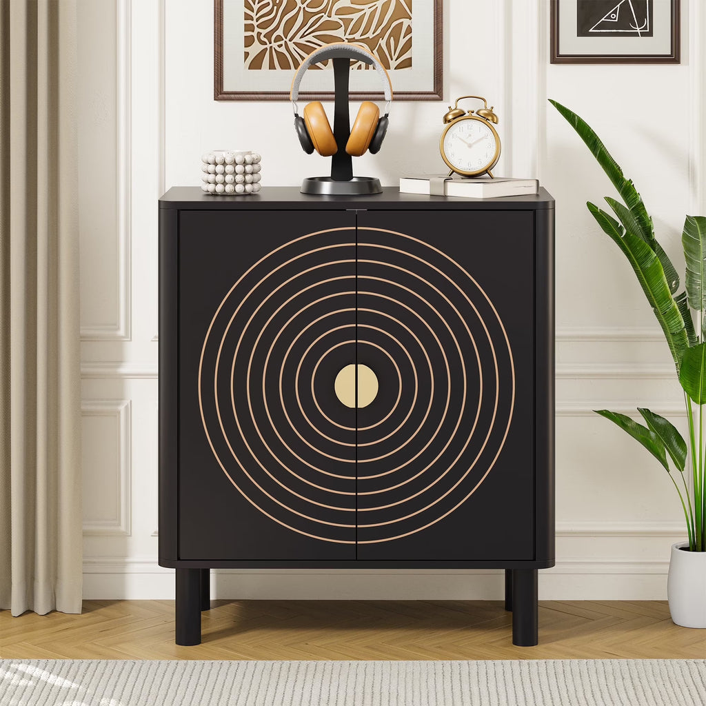 Accent Cabinet with Round Carved Line Door for Entryway Hallway, Walnut Sideboard Buffet Cabinet, Storage Cabinet with Adjustable Shelves for Living Room