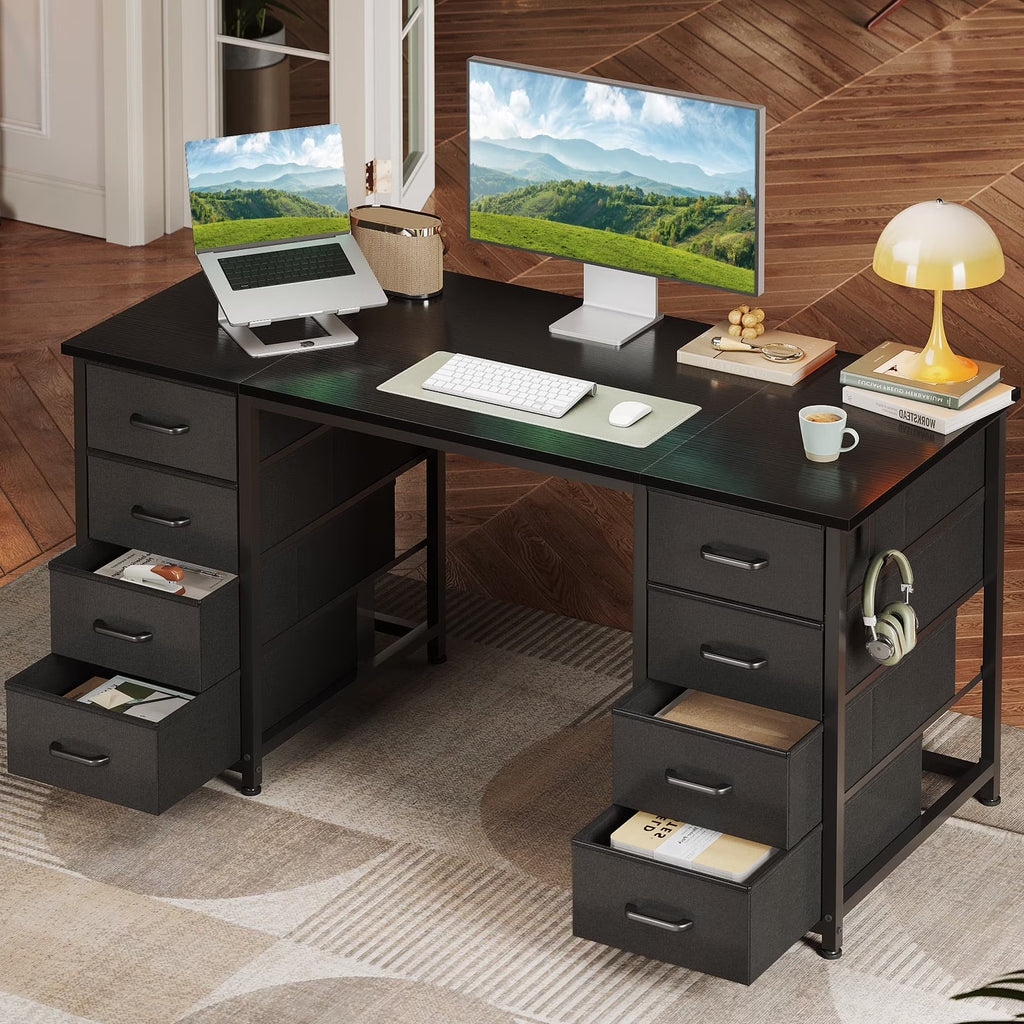 White Computer Desk with Drawers for Storage - 48 inch Home Office Desk with 8 Fabric Drawers, Writing Study Desk with Drawers on Both Sides for Bedroom