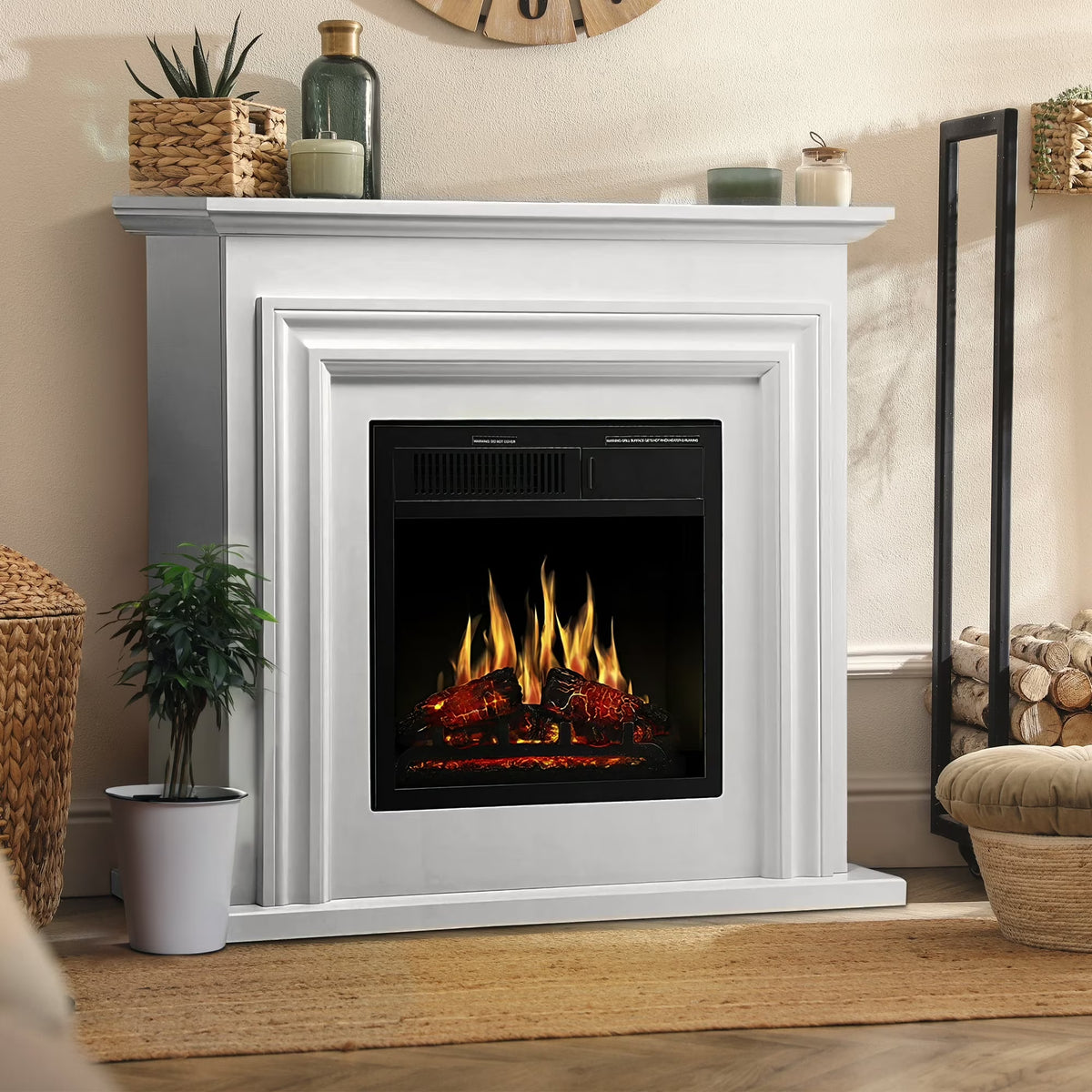 Electactic Electric Fireplace, Free Standing Fireplace, with Remote Control, Adjustable LED Flame, 750W/1500W -White
