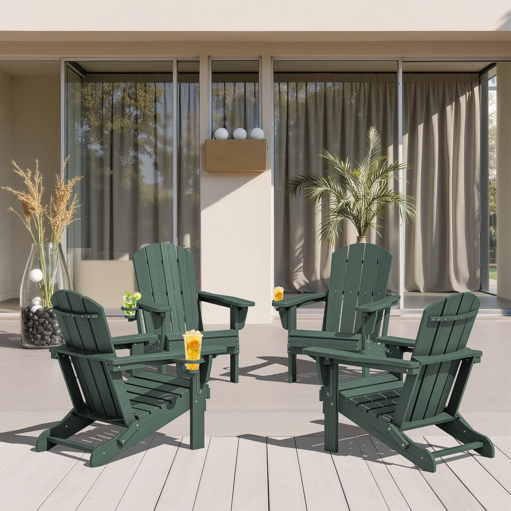 SERWALL Outdoor Adjustable Folding HDPE Adirondack Chairs Set of 2 with Cup Holder, Gray