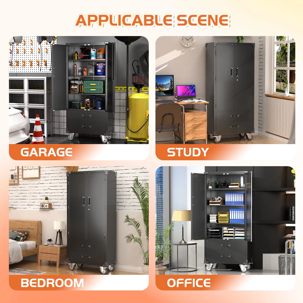 GangMei 71 Inches Tall Metal Garage Storage Cabinets with 5 Adjustable Shelves & Pegboards, Lockable Steel Black Storage Cabinet with Doors for Office, Home, School, Shops, Garage, Assembly required