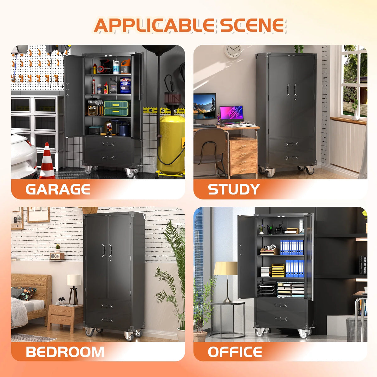 GangMei 71 Inches Tall Metal Garage Storage Cabinets with 5 Adjustable Shelves & Pegboards, Lockable Steel Black Storage Cabinet with Doors for Office, Home, School, Shops, Garage, Assembly required