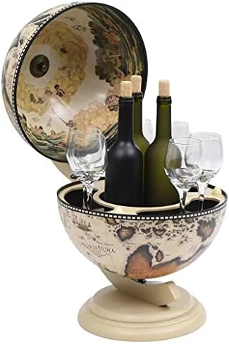 Green & Brown Tabletop Globe Wine Stand - Eucalyptus Wood with Antique Replica Frescoes and 16th  Nautical Maps - Assembly Required