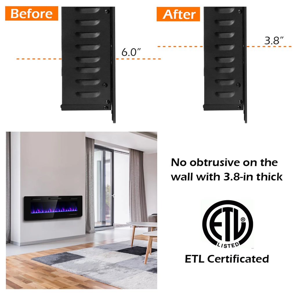 Costway 36'' Electric Fireplace Recessed Ultra Thin Wall-Mounted Heater w/Multicolor Flame