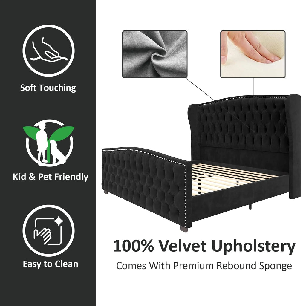 VANACC Queen Size Bed Frame, Velvet Upholstered Bed with Deep Button Tufted Wingback Headboard Grey