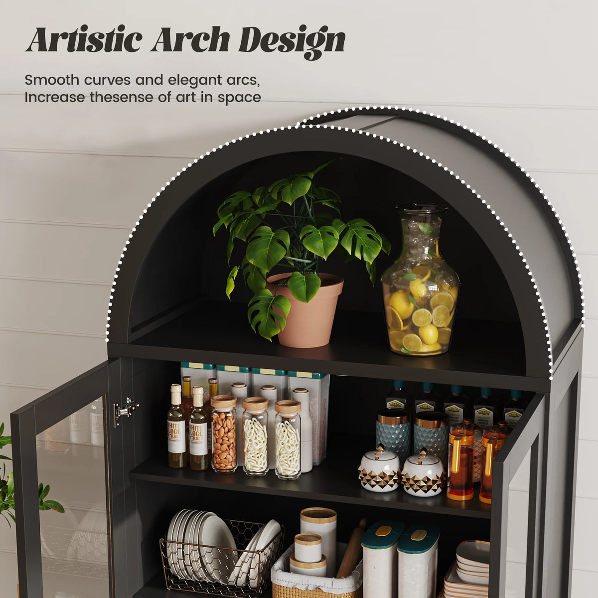 VEANERWOOD 71" Tall Arch Cabinet, Wood Fluted Kitchen Kitchen Storage Cabinet with 4 Doors and 6 Shelves for Dining Room Living Room