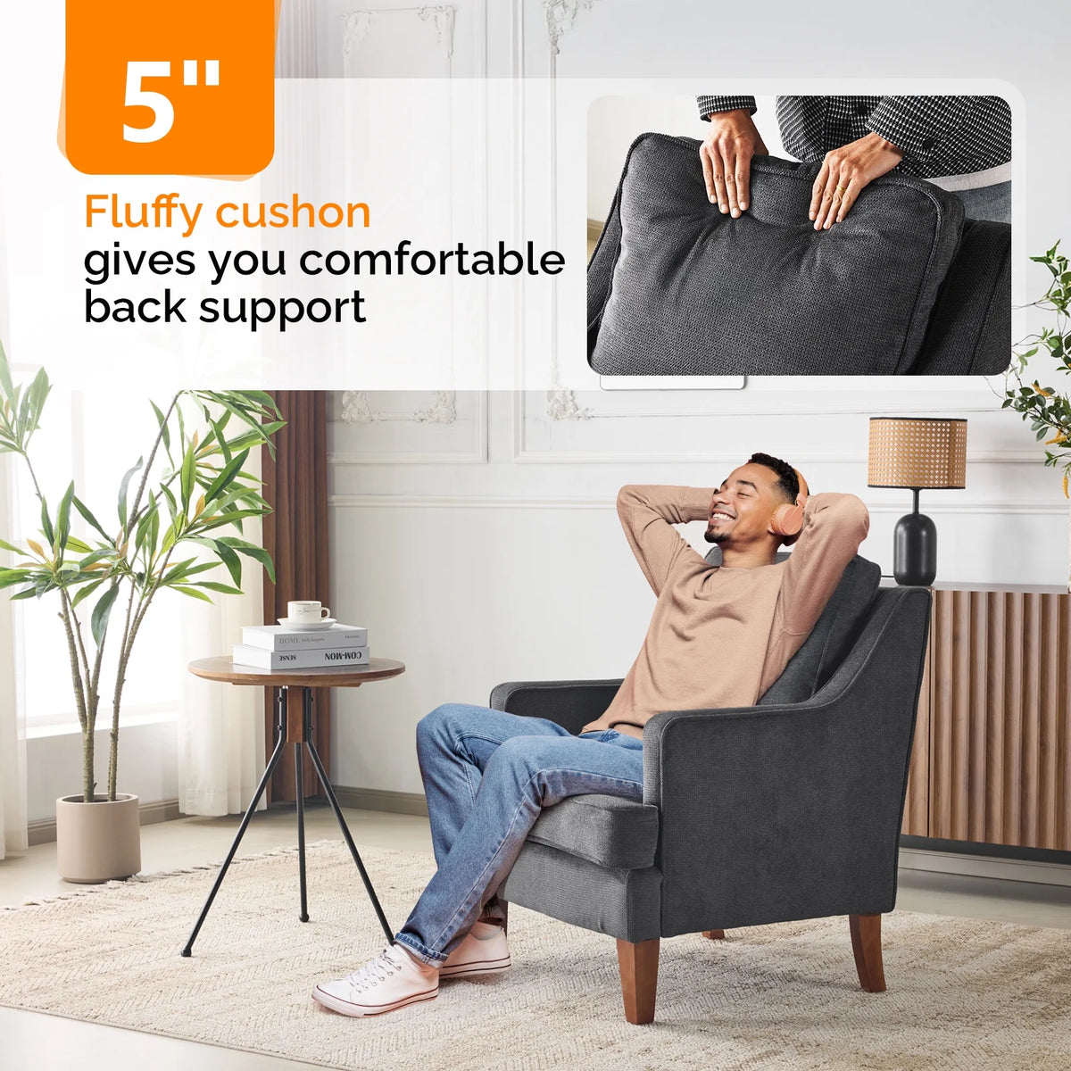 Ktaxon Fabric Accent Chair, Reading Armchair with Removable Cushion, Single Sofa with Extra Seat Depth for Living Room Bedroom Black