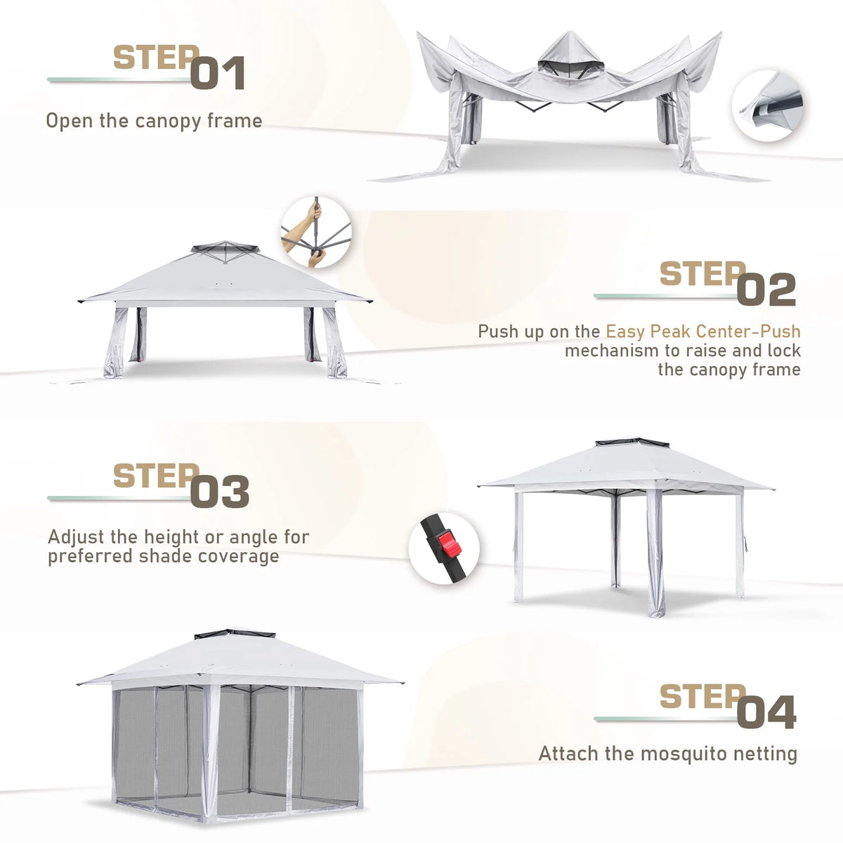 EAGLE PEAK 13' x 13' Pop-Up Gazebo Tent Instant w/Mosquito Netting，Outdoor Gazebo Canopy Easy Set-up Folding Shelter (Beige/Brown)