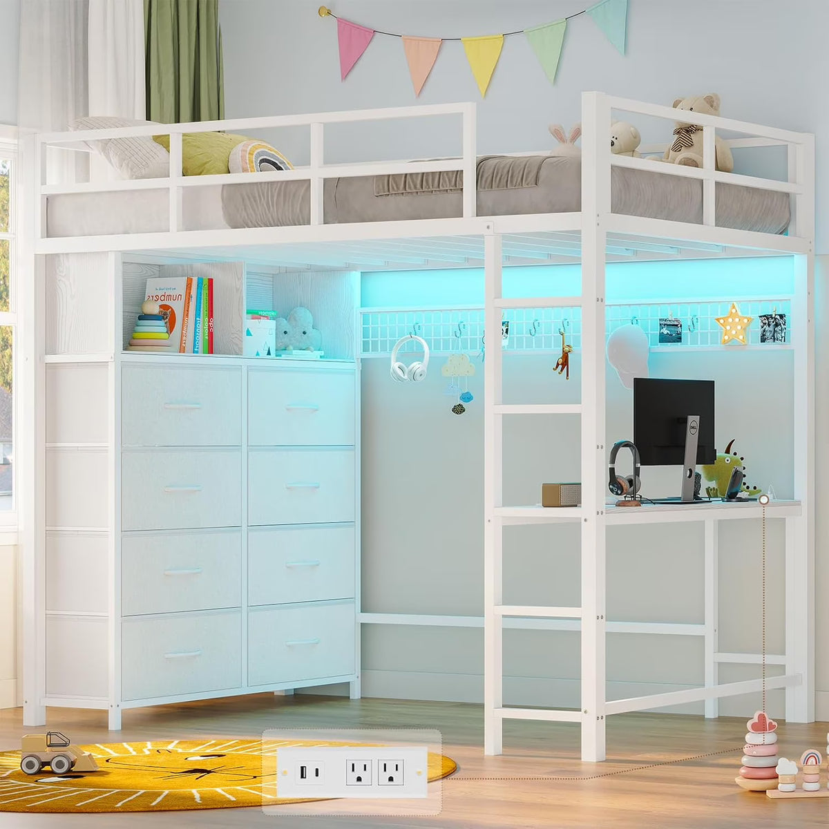 Afuhokles Twin Size Loft Bed with Desk and 8 Storage Drawers and Charging Station, Metal Loft Bed Twin with LED Lights, Storage Shelves, Black